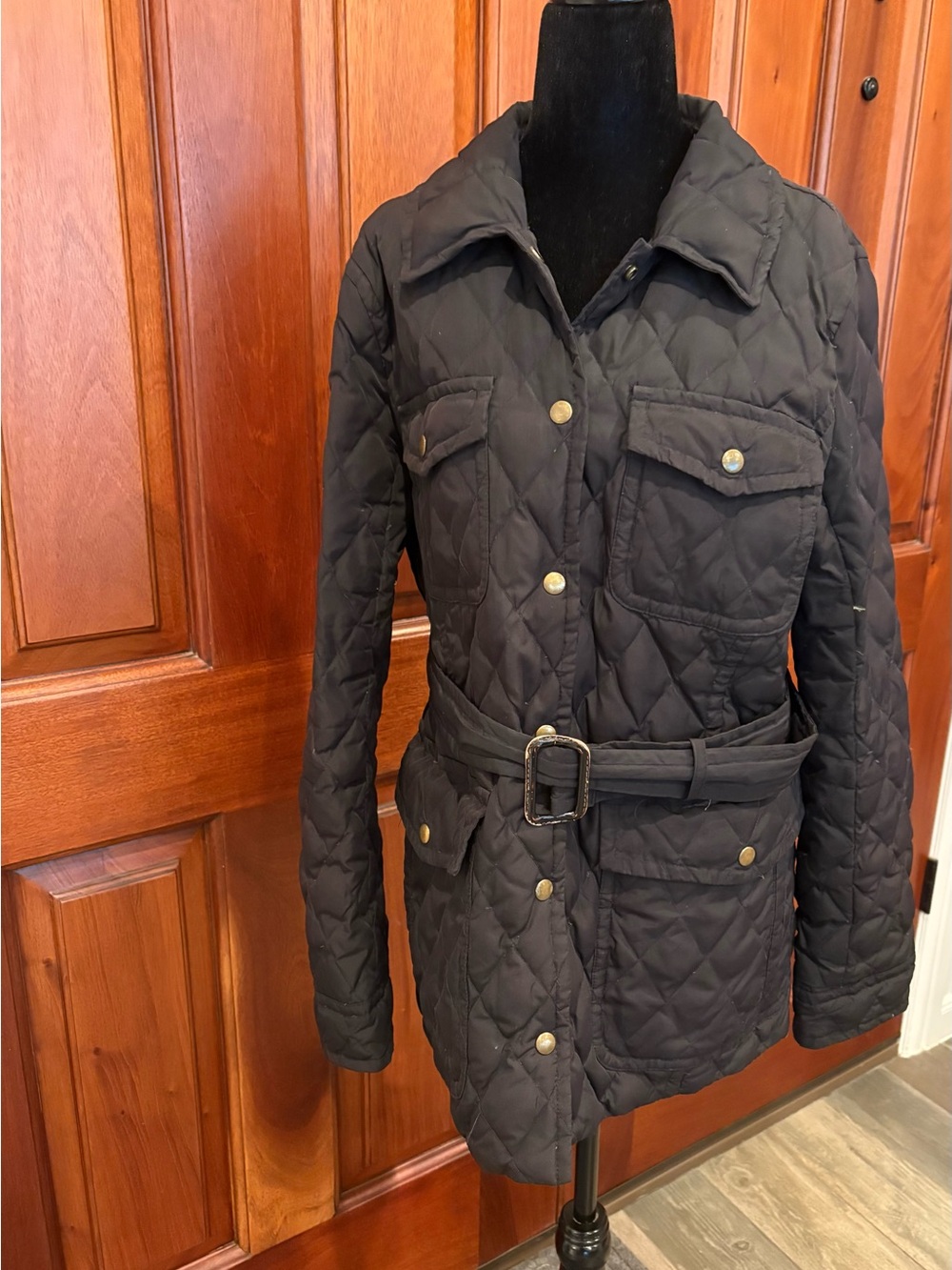 J.Crew Down Quilted Field Barn Utility Jacket Women Large Black Snap Down